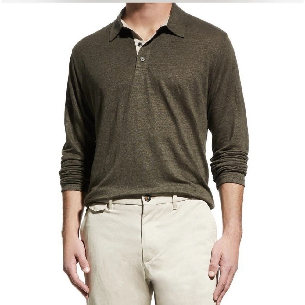 Vince Men's Frog Green 100% Linen Long Sleeve Polo Shirt Size Large Slub Knit